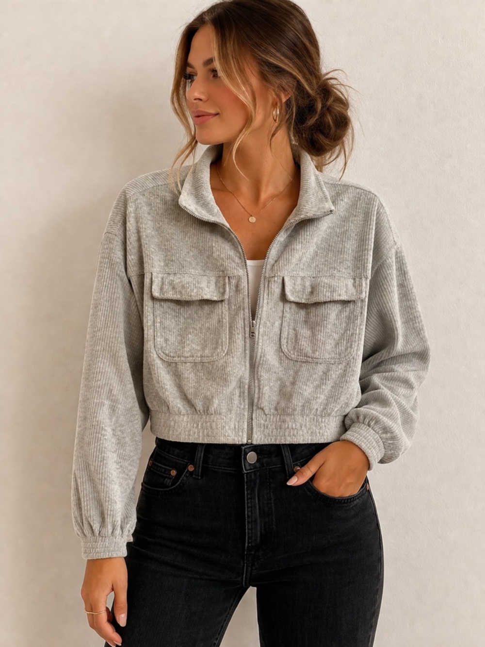 SOLD Aerie Cropped Light Gray Corduroy Zip Jacket M